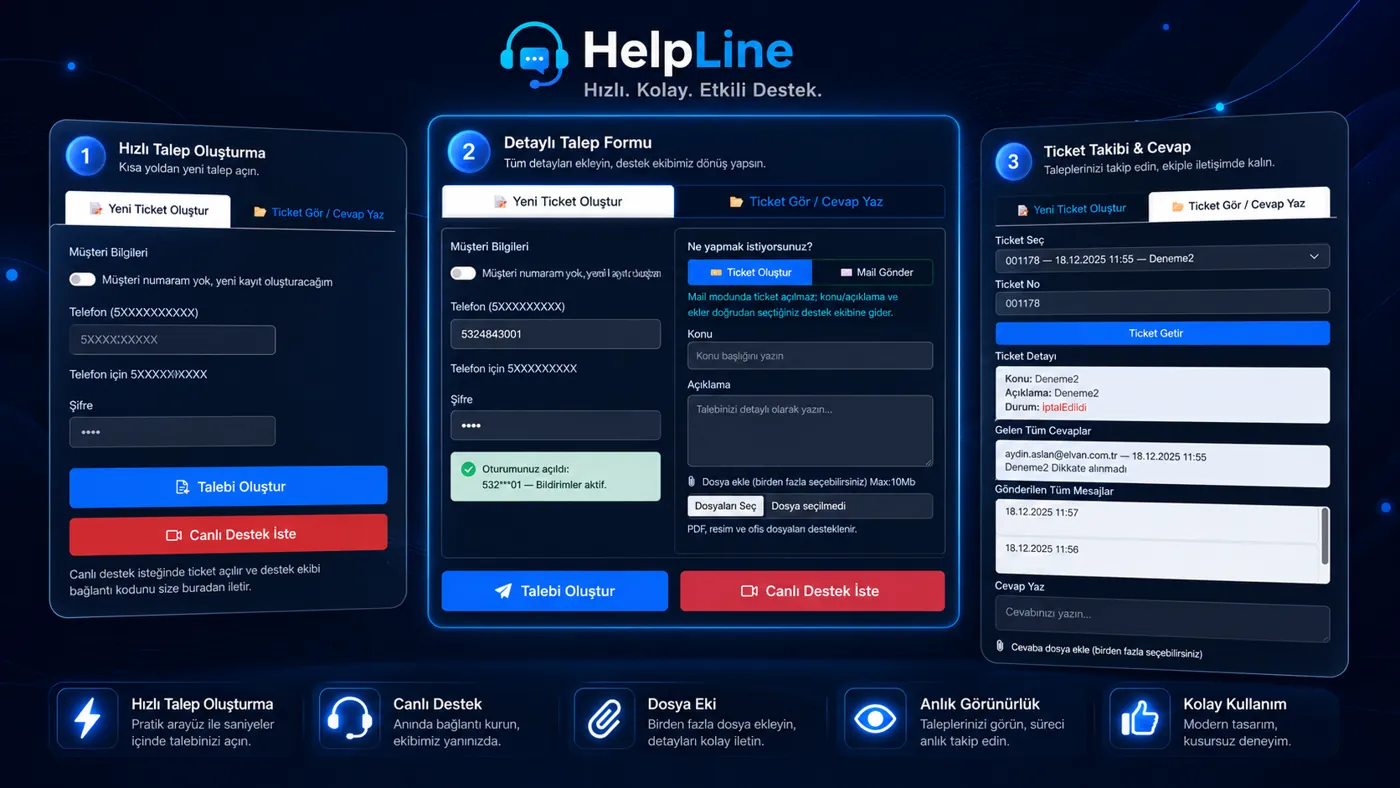 HelpLine talep oluşturma, detay formu ve talep takip ekranları